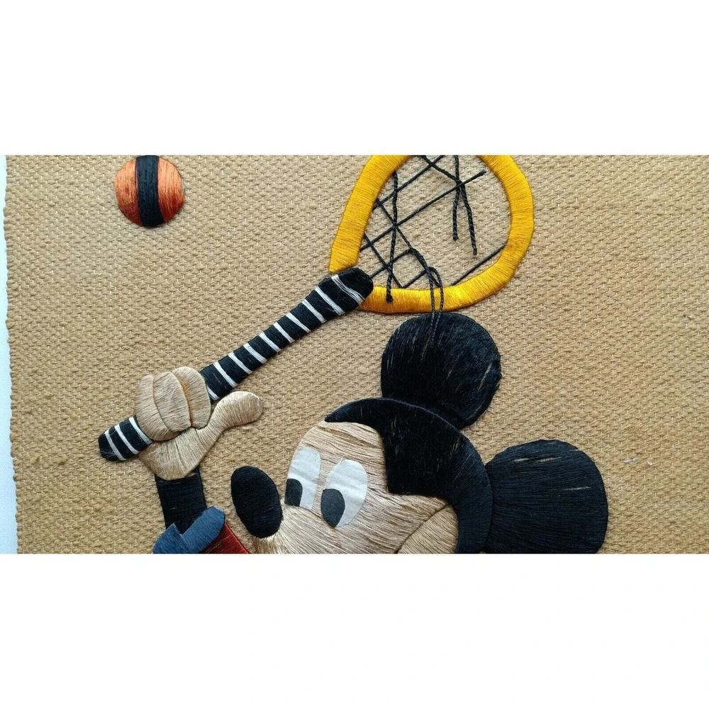 MICKEY MOUSE Woven Burlap Vintage‎ Wall Hanging Tapestry Embroidery Plays Tennis